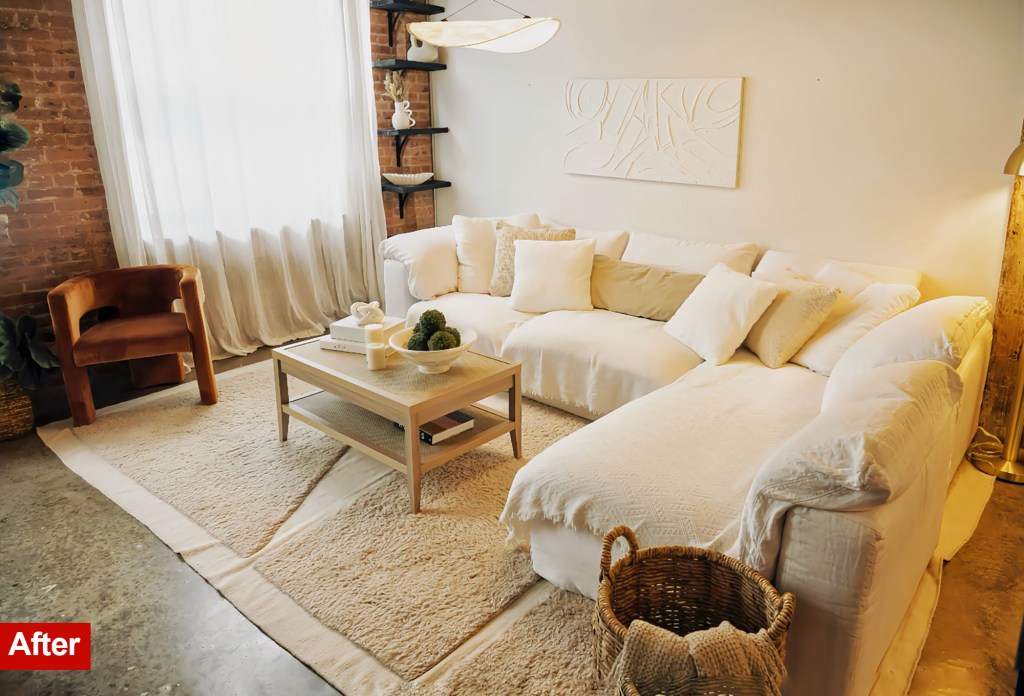 After the photo of a living room with furniture and beige decoration